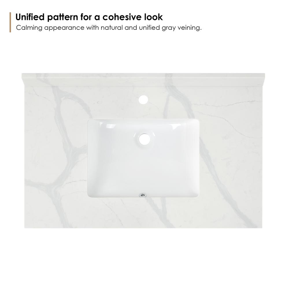 Arbios 36. in Quartz Stone Vanity Top in Calacatta White with White Sink