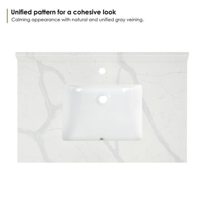Arbios 36. in Quartz Stone Vanity Top in Calacatta White with White Sink