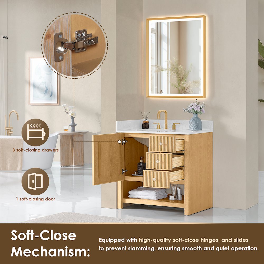 36" Single Bathroom Vanity in White Oak with Engineered Stone Countertop