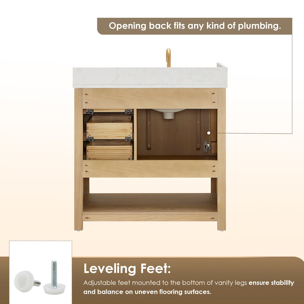 36" Single Bathroom Vanity in White Oak with Engineered Stone Countertop