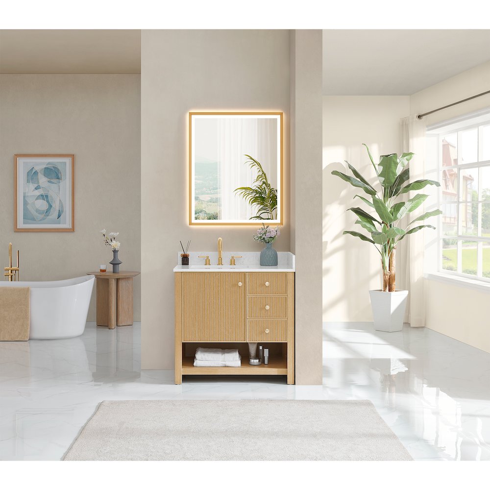 36" Single Bathroom Vanity in White Oak with Engineered Stone Countertop