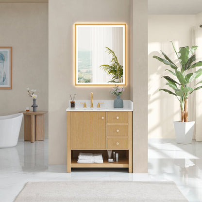 36" Single Bathroom Vanity in White Oak with Engineered Stone Countertop