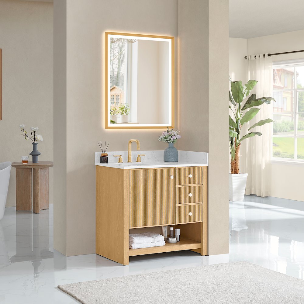 36" Single Bathroom Vanity in White Oak with Engineered Stone Countertop
