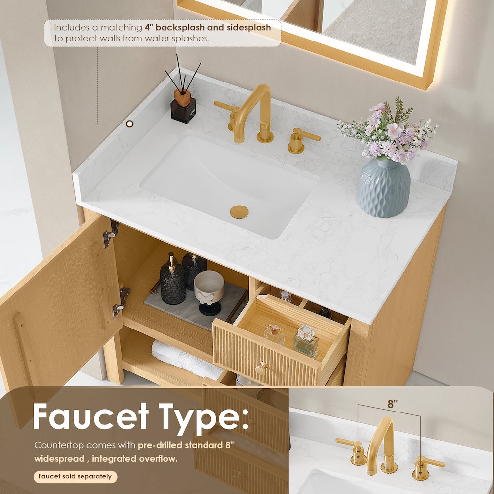36" Single Bathroom Vanity in White Oak with Engineered Stone Countertop