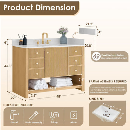 48" Single Bathroom Vanity in White Oak with Engineered Stone Countertop