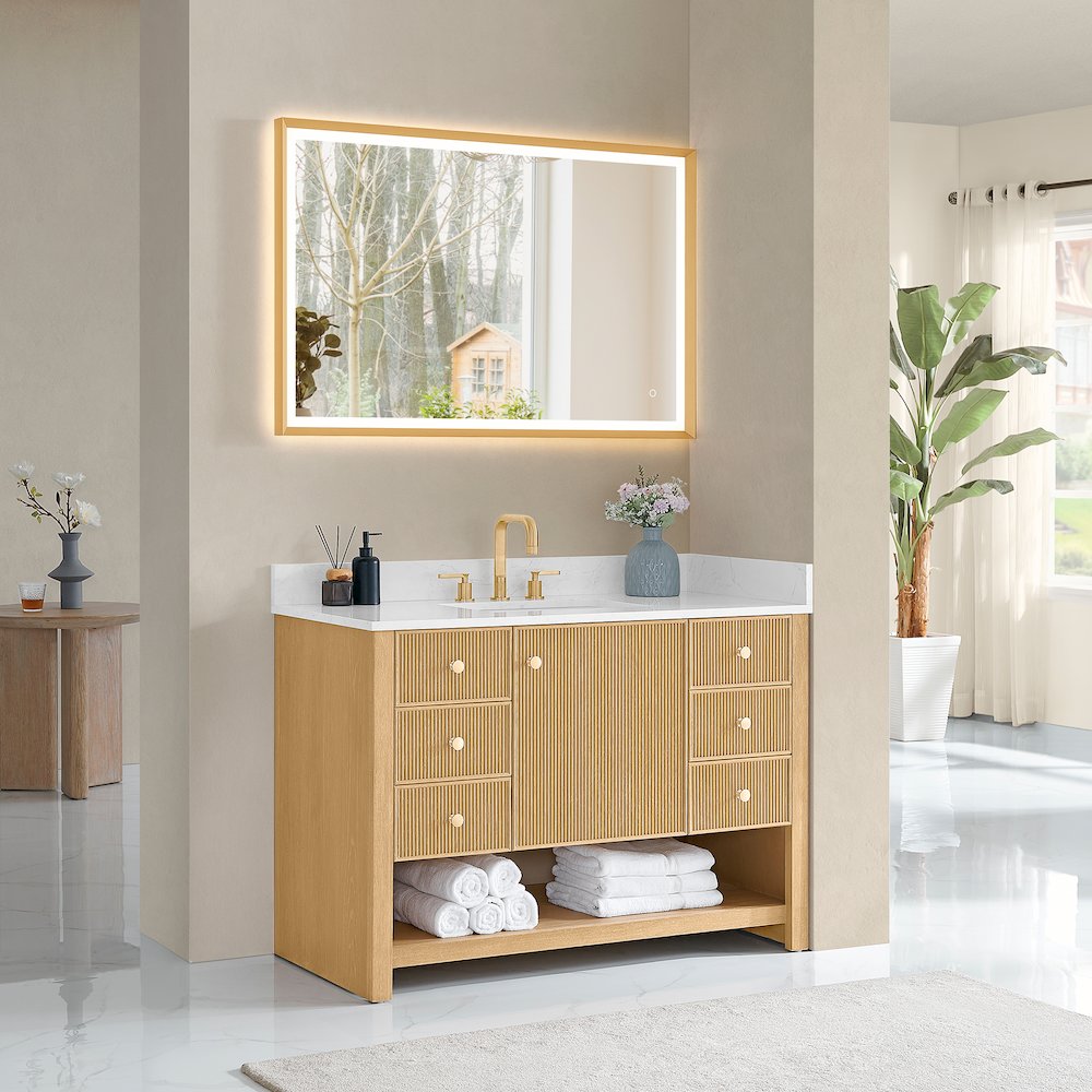 48" Single Bathroom Vanity in White Oak with Engineered Stone Countertop