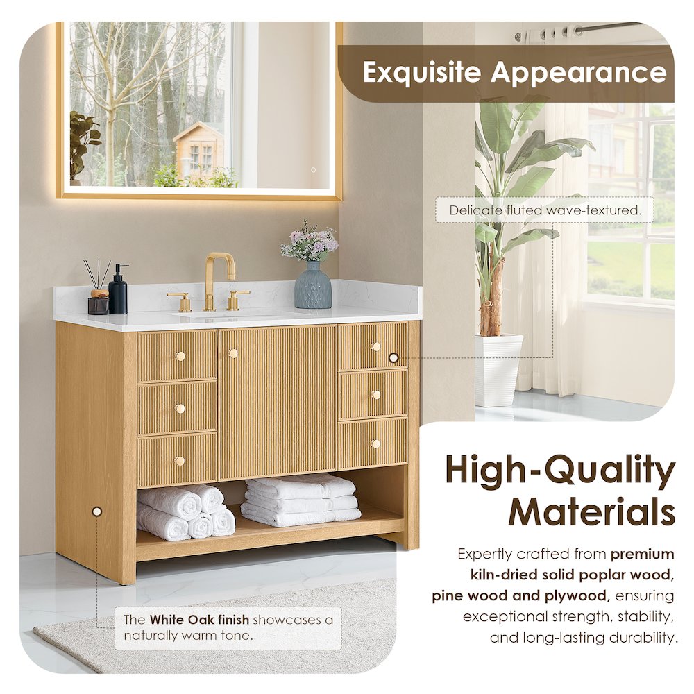 48" Single Bathroom Vanity in White Oak with Engineered Stone Countertop