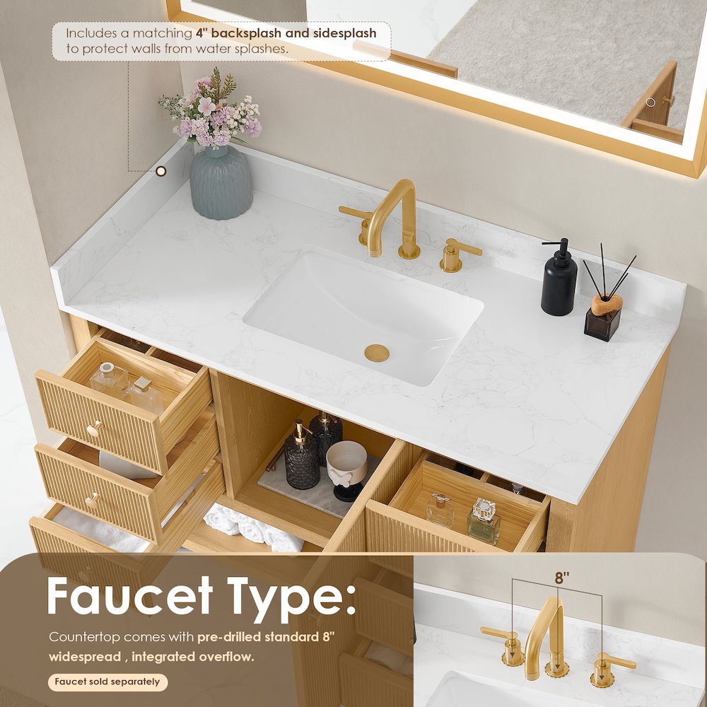 48" Single Bathroom Vanity in White Oak with Engineered Stone Countertop