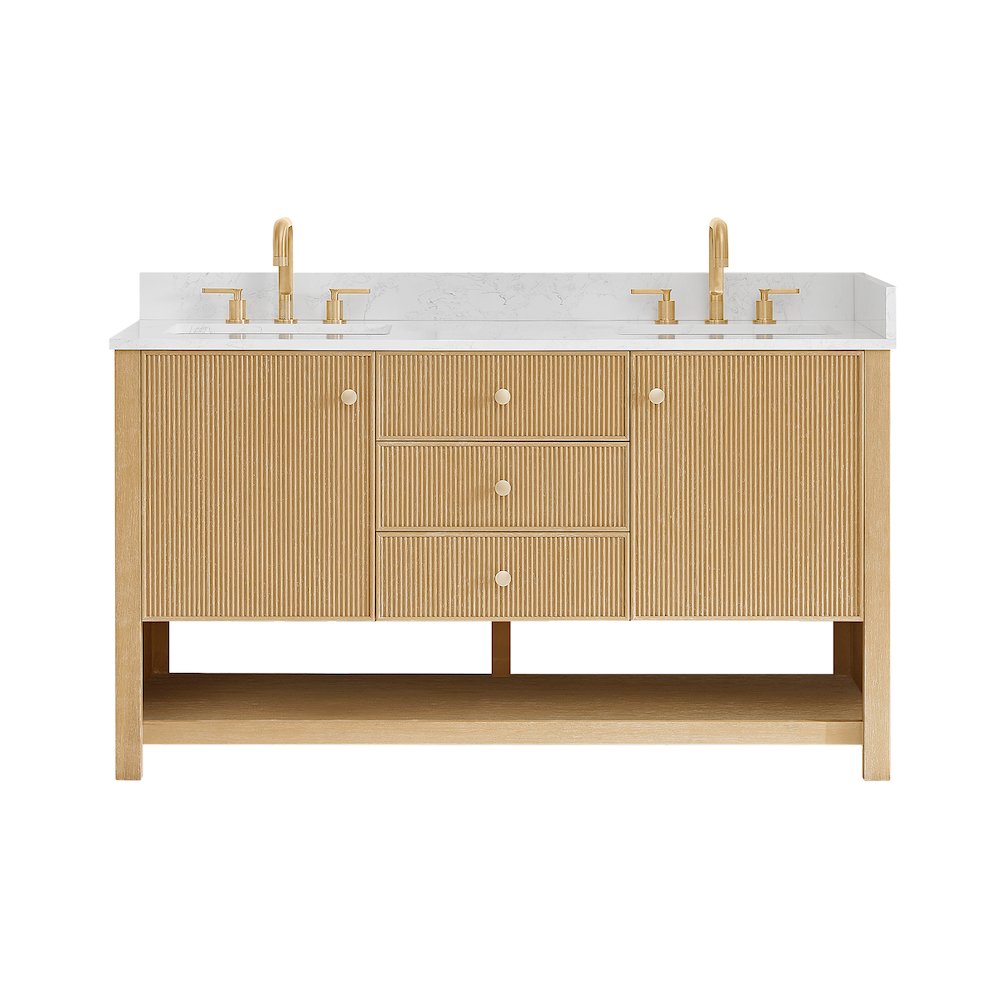 60" Double Bathroom Vanity in White Oak with Engineered Stone Countertop