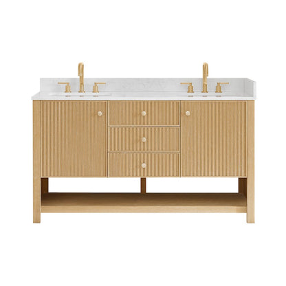 60" Double Bathroom Vanity in White Oak with Engineered Stone Countertop