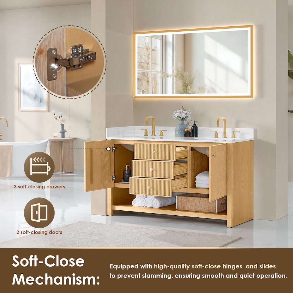 60" Double Bathroom Vanity in White Oak with Engineered Stone Countertop