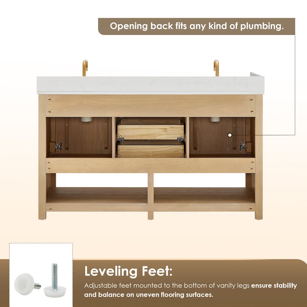 60" Double Bathroom Vanity in White Oak with Engineered Stone Countertop