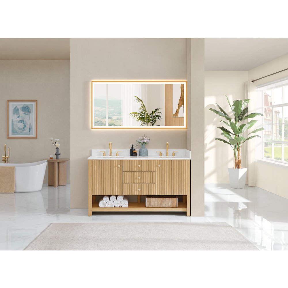 60" Double Bathroom Vanity in White Oak with Engineered Stone Countertop