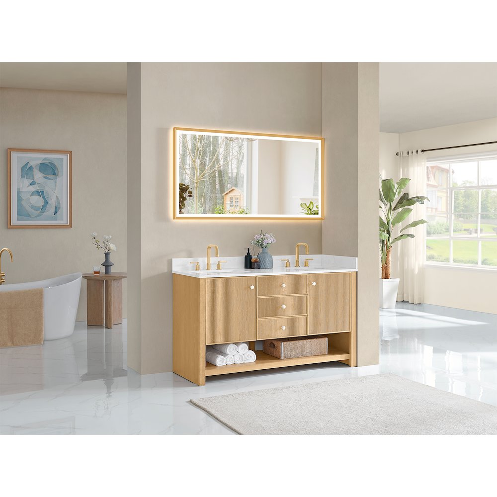 60" Double Bathroom Vanity in White Oak with Engineered Stone Countertop