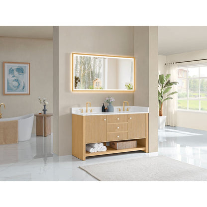 60" Double Bathroom Vanity in White Oak with Engineered Stone Countertop