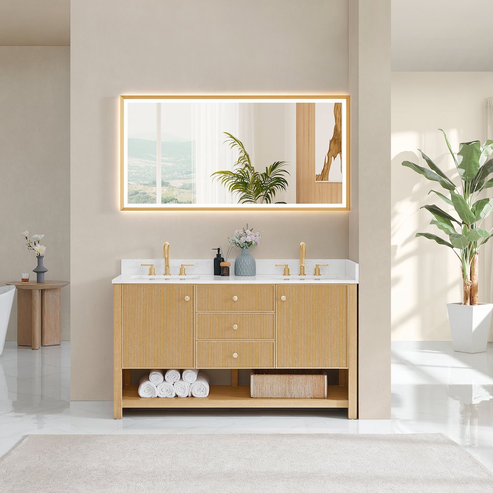 60" Double Bathroom Vanity in White Oak with Engineered Stone Countertop