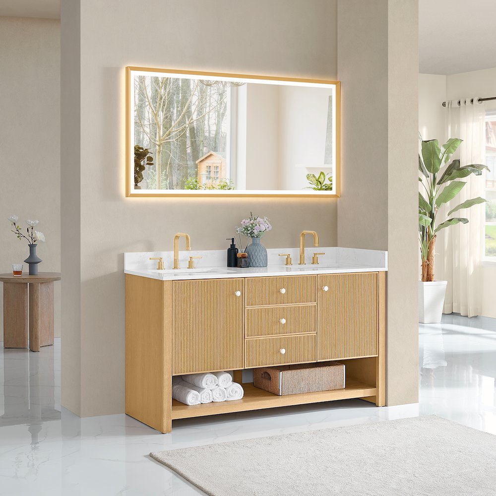 60" Double Bathroom Vanity in White Oak with Engineered Stone Countertop