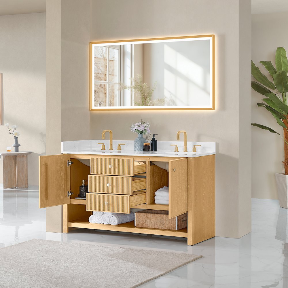 60" Double Bathroom Vanity in White Oak with Engineered Stone Countertop