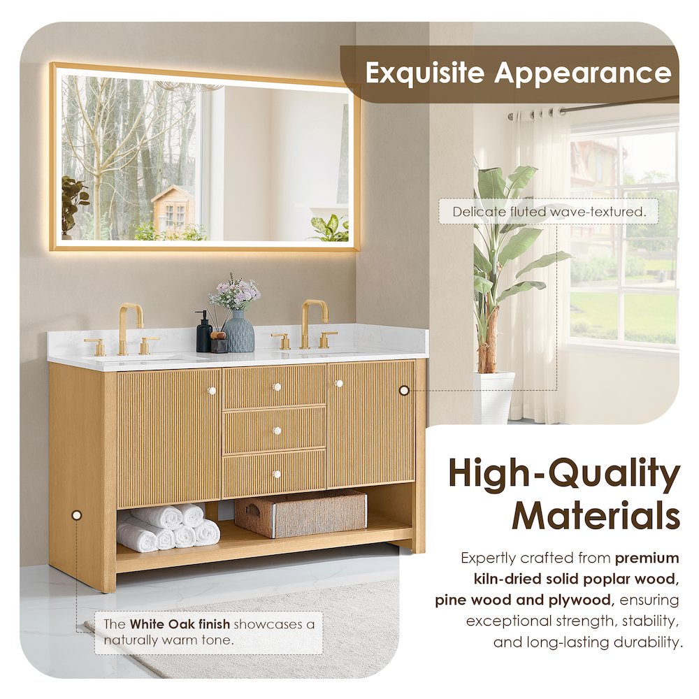 60" Double Bathroom Vanity in White Oak with Engineered Stone Countertop