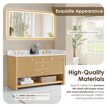 60" Double Bathroom Vanity in White Oak with Engineered Stone Countertop