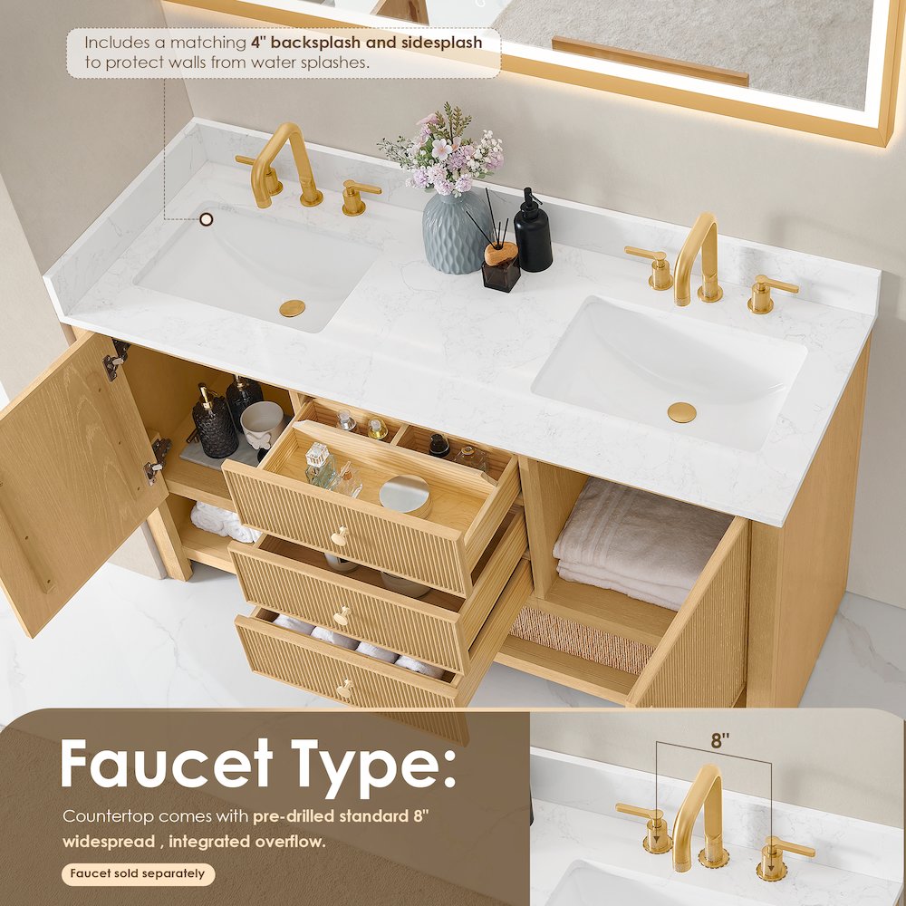 60" Double Bathroom Vanity in White Oak with Engineered Stone Countertop