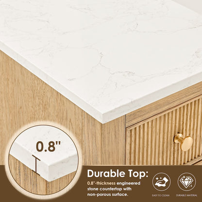 60" Double Bathroom Vanity in White Oak with Engineered Stone Countertop