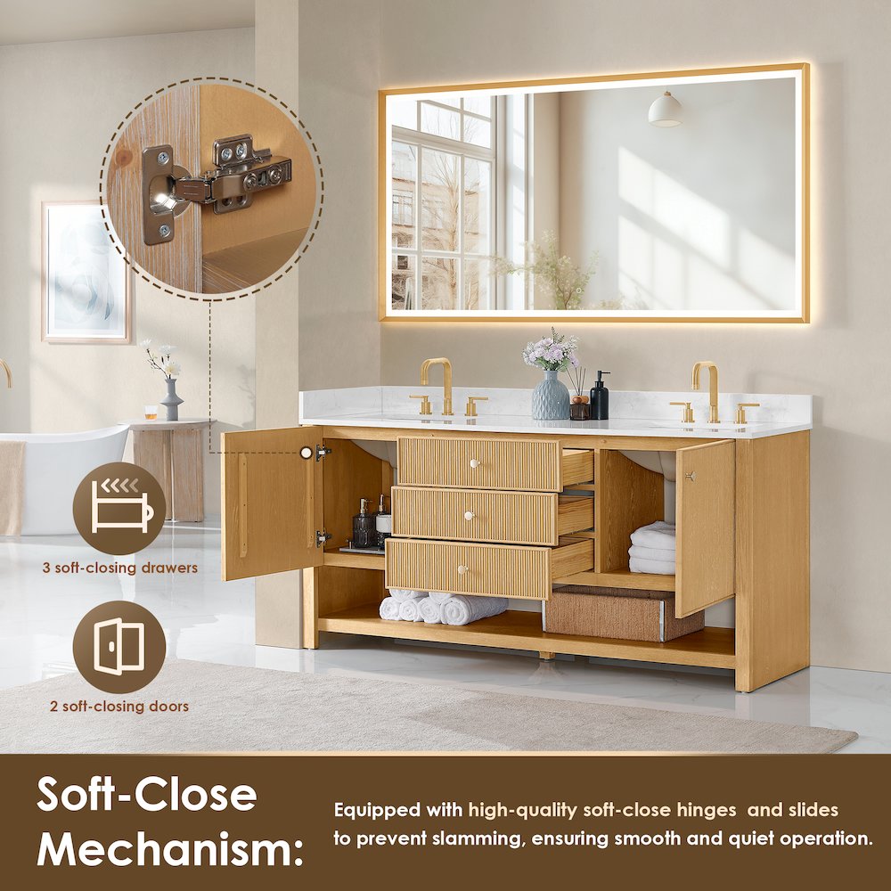 72" Double Bathroom Vanity in White Oak with Engineered Stone Countertop