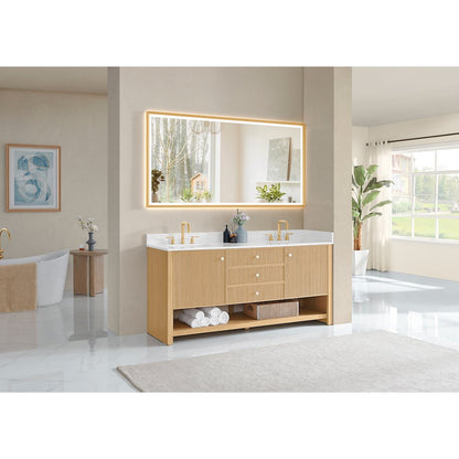 72" Double Bathroom Vanity in White Oak with Engineered Stone Countertop