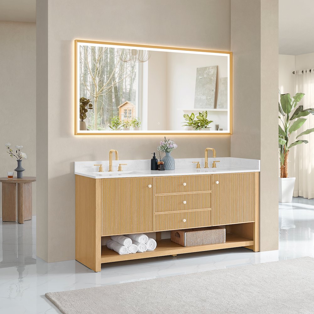 72" Double Bathroom Vanity in White Oak with Engineered Stone Countertop