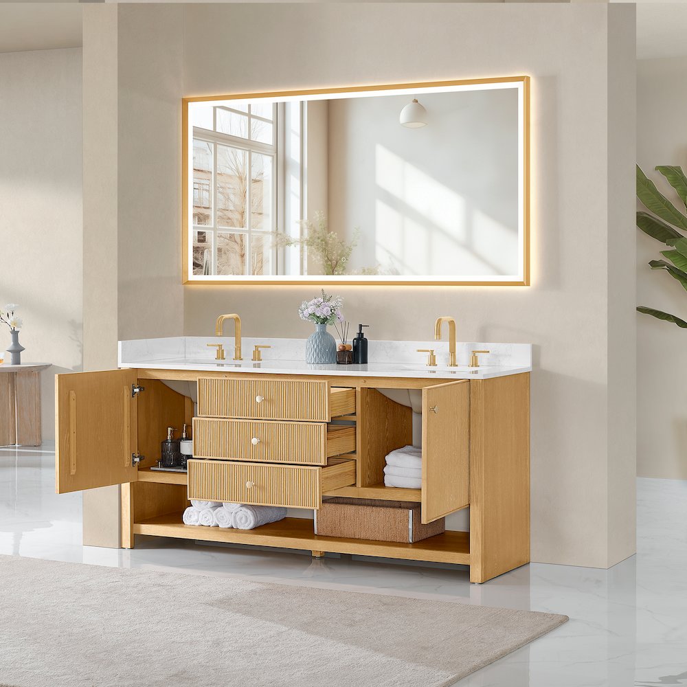72" Double Bathroom Vanity in White Oak with Engineered Stone Countertop