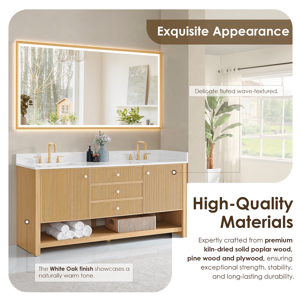 72" Double Bathroom Vanity in White Oak with Engineered Stone Countertop