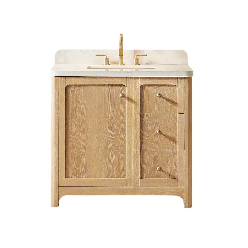 36"Single Bathroom Vanity in Brushed Oak,Grain White Engineered Stone Countertop