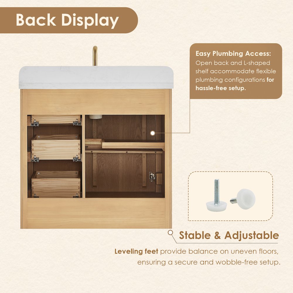 36"Single Bathroom Vanity in Brushed Oak,Grain White Engineered Stone Countertop
