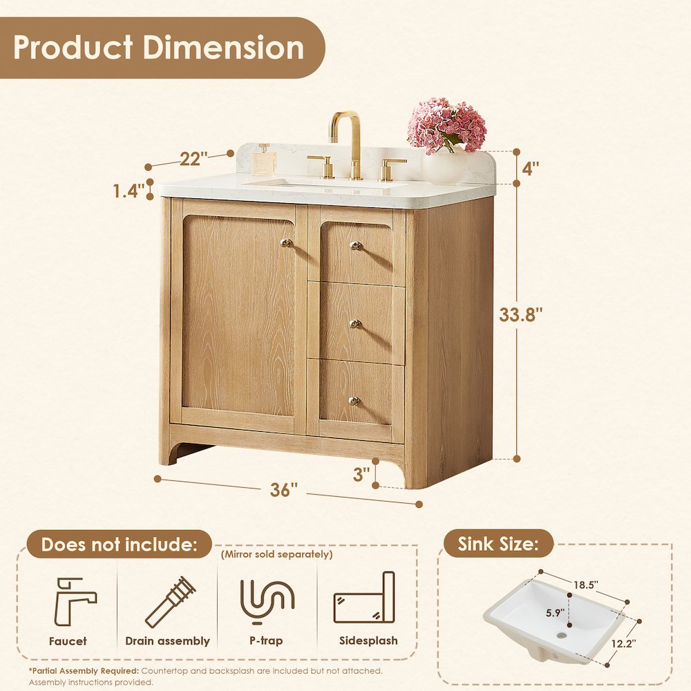 36"Single Bathroom Vanity in Brushed Oak,Grain White Engineered Stone Countertop