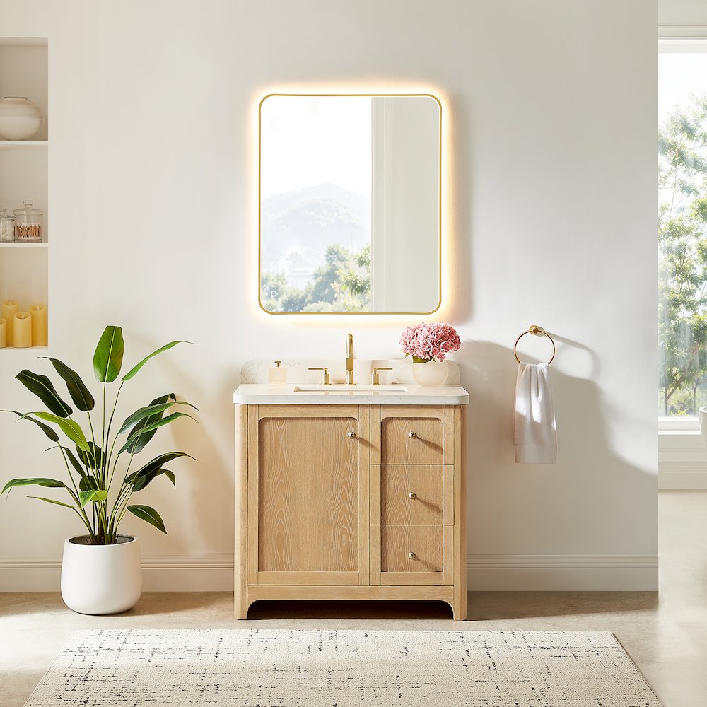36"Single Bathroom Vanity in Brushed Oak,Grain White Engineered Stone Countertop