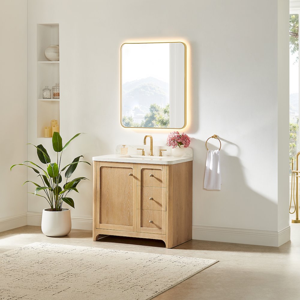 36"Single Bathroom Vanity in Brushed Oak,Grain White Engineered Stone Countertop