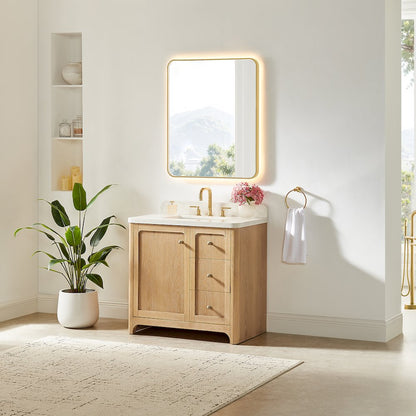 36"Single Bathroom Vanity in Brushed Oak,Grain White Engineered Stone Countertop