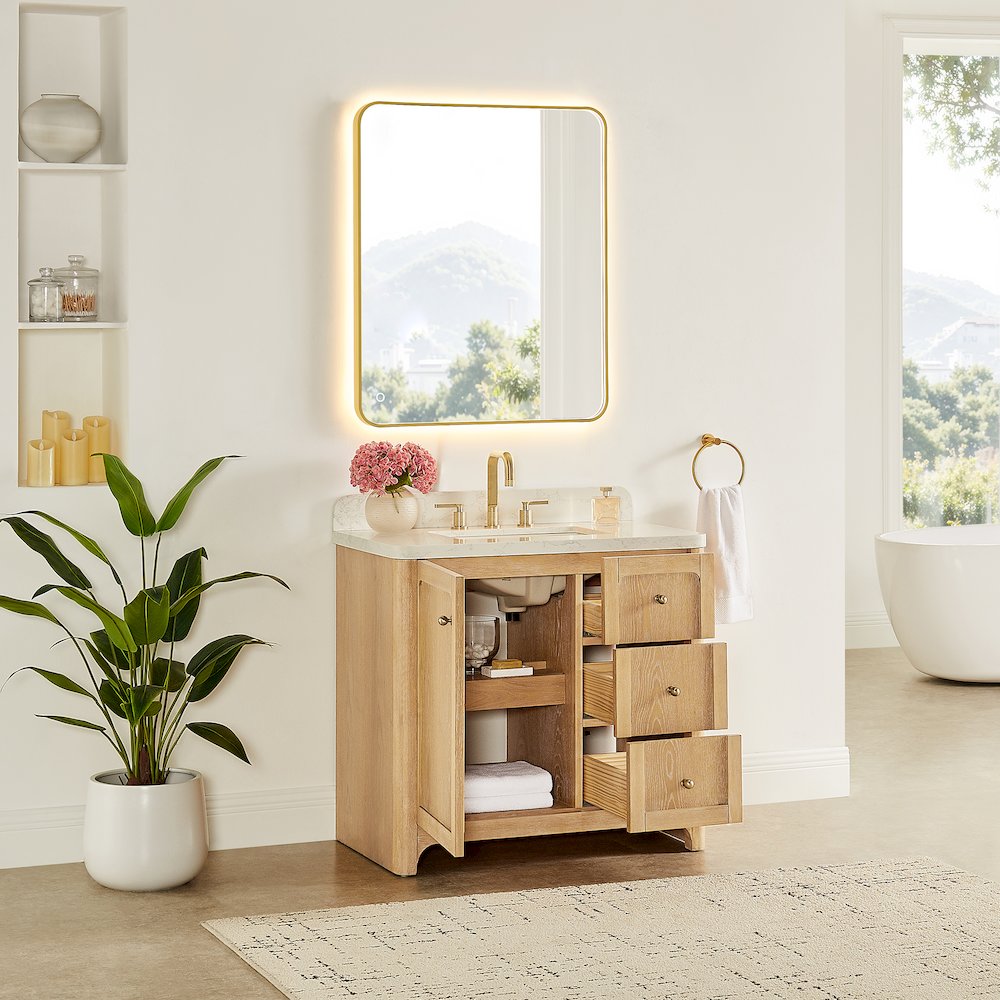 36"Single Bathroom Vanity in Brushed Oak,Grain White Engineered Stone Countertop