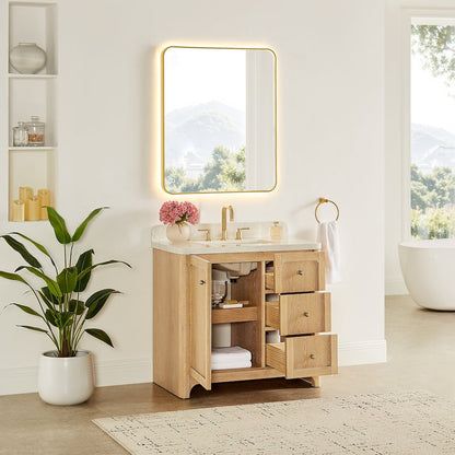 36"Single Bathroom Vanity in Brushed Oak,Grain White Engineered Stone Countertop