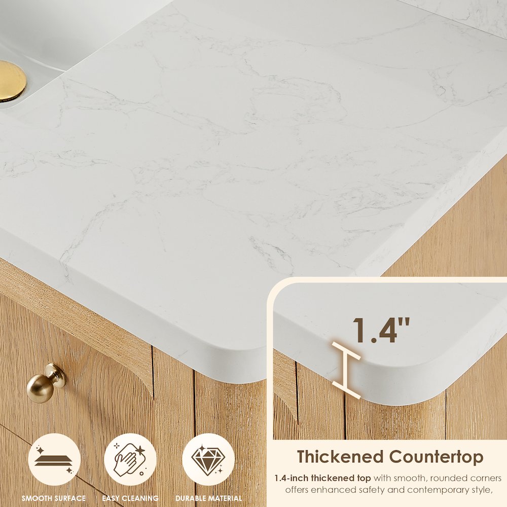 48"Single Bathroom Vanity in Brushed Oak,Grain White Engineered Stone Countertop