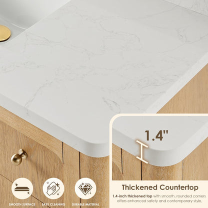 48"Single Bathroom Vanity in Brushed Oak,Grain White Engineered Stone Countertop