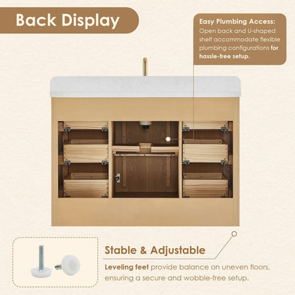 48"Single Bathroom Vanity in Brushed Oak,Grain White Engineered Stone Countertop