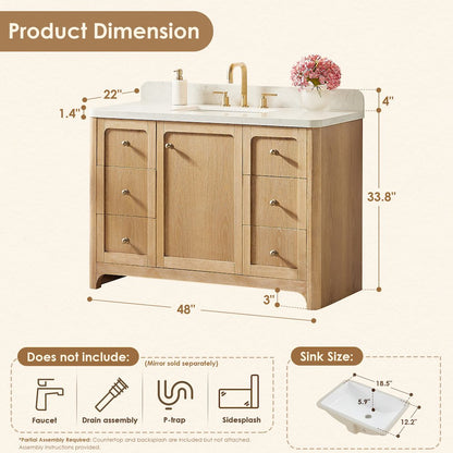 48"Single Bathroom Vanity in Brushed Oak,Grain White Engineered Stone Countertop