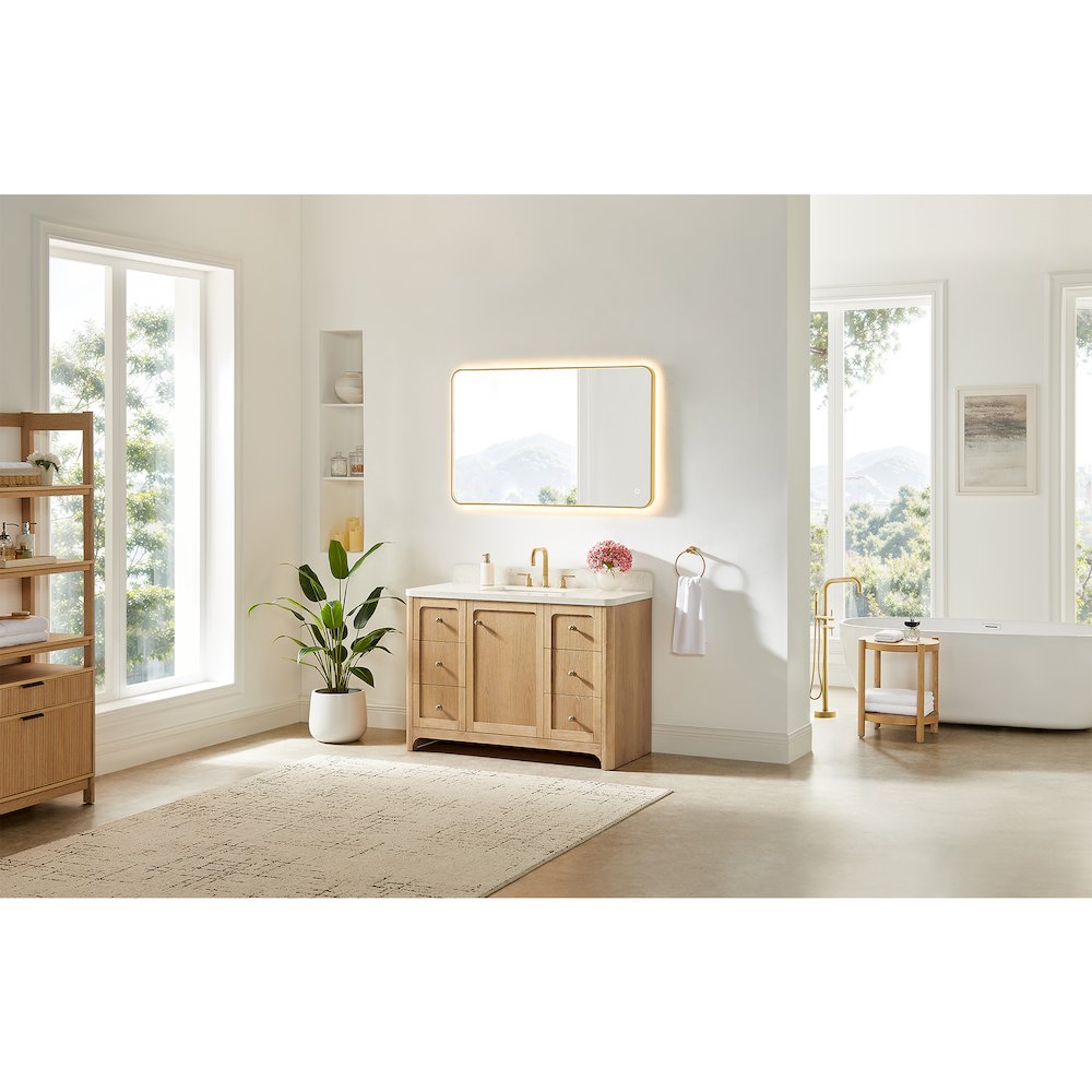 48"Single Bathroom Vanity in Brushed Oak,Grain White Engineered Stone Countertop