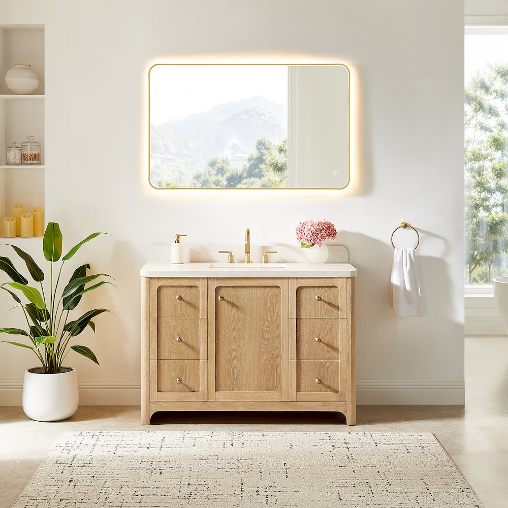 48"Single Bathroom Vanity in Brushed Oak,Grain White Engineered Stone Countertop