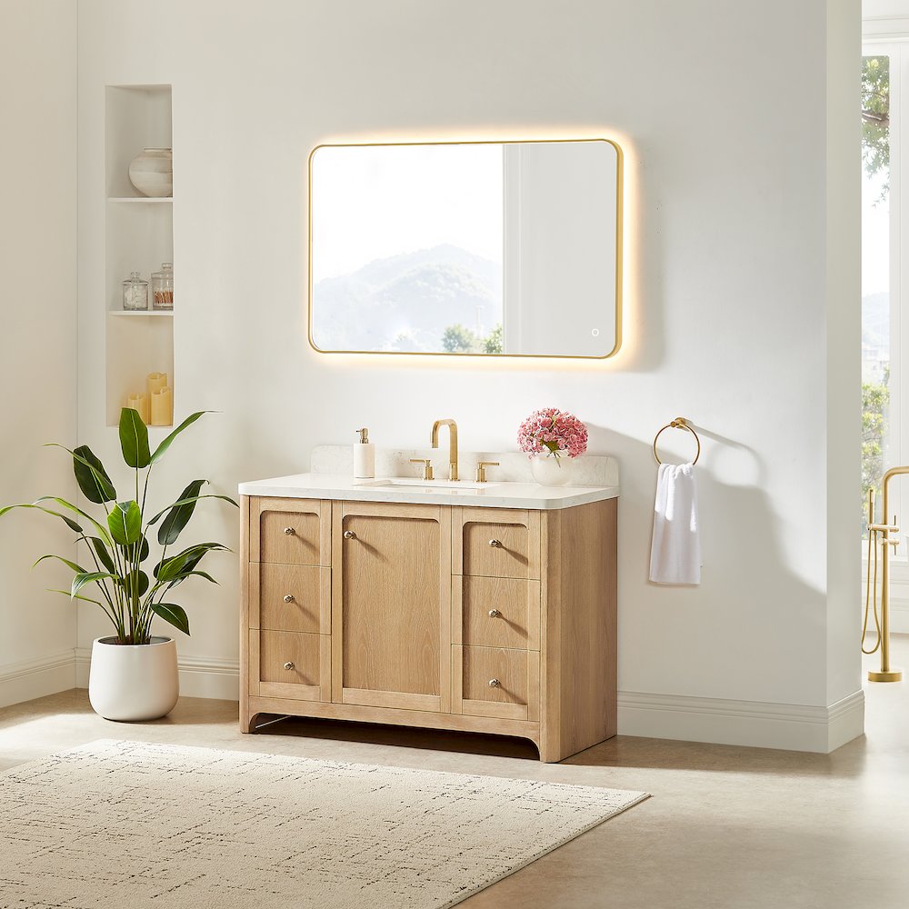 48"Single Bathroom Vanity in Brushed Oak,Grain White Engineered Stone Countertop