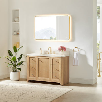 48"Single Bathroom Vanity in Brushed Oak,Grain White Engineered Stone Countertop