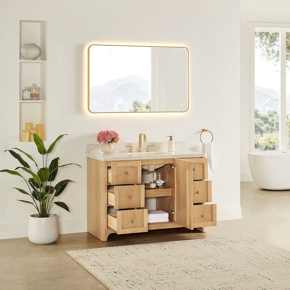 48"Single Bathroom Vanity in Brushed Oak,Grain White Engineered Stone Countertop