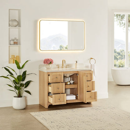 48"Single Bathroom Vanity in Brushed Oak,Grain White Engineered Stone Countertop