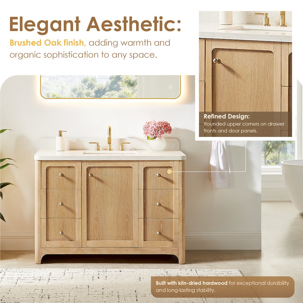 48"Single Bathroom Vanity in Brushed Oak,Grain White Engineered Stone Countertop